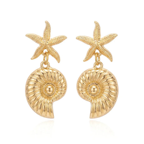 Boho Starfish, Conch and Scallop Pearl Pendant Earrings