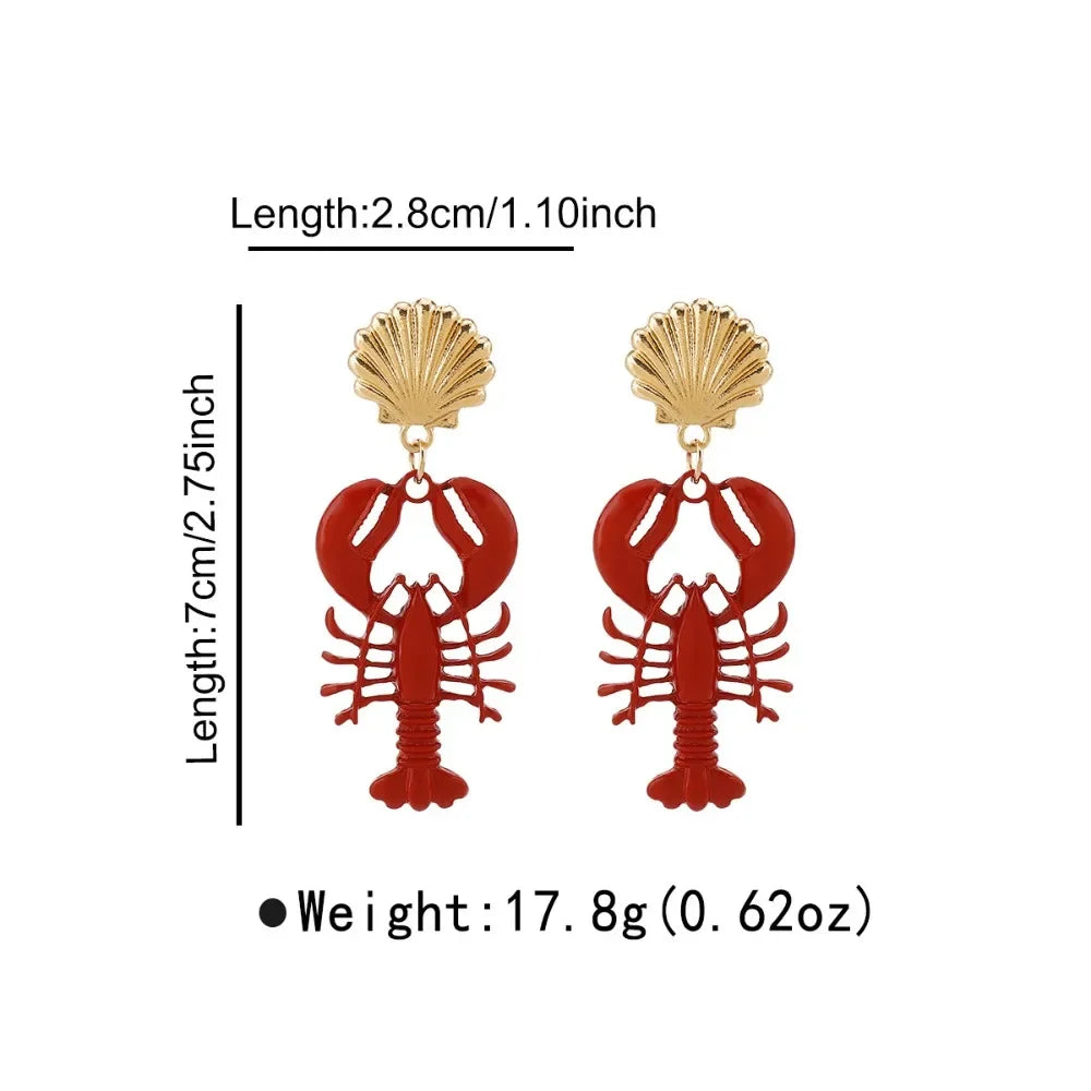 Boho Handmade Lobster Earrings Stone Beaded Enamel Necklace Lobster Metal Shells Earring for Women Summer Beach Popular Jewelry