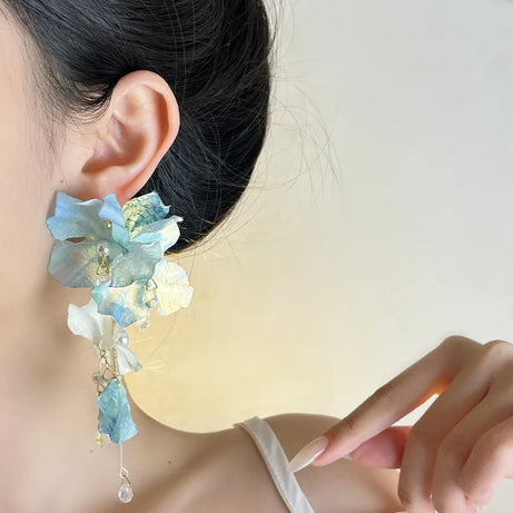 Blue Cloth Flower Long Tassel Earrings Jewelry