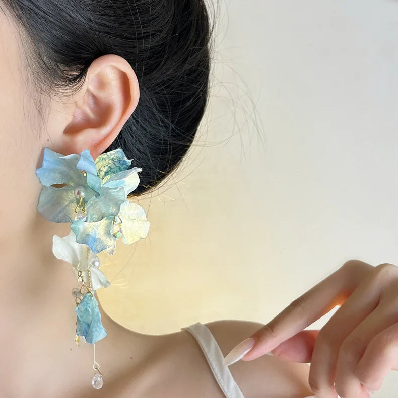 Boho Fashion Blue Flower Long Tassel Earrings For Women Exaggerated Cloth Petal Earrings Vacation Party Lady Jewelry Accessories