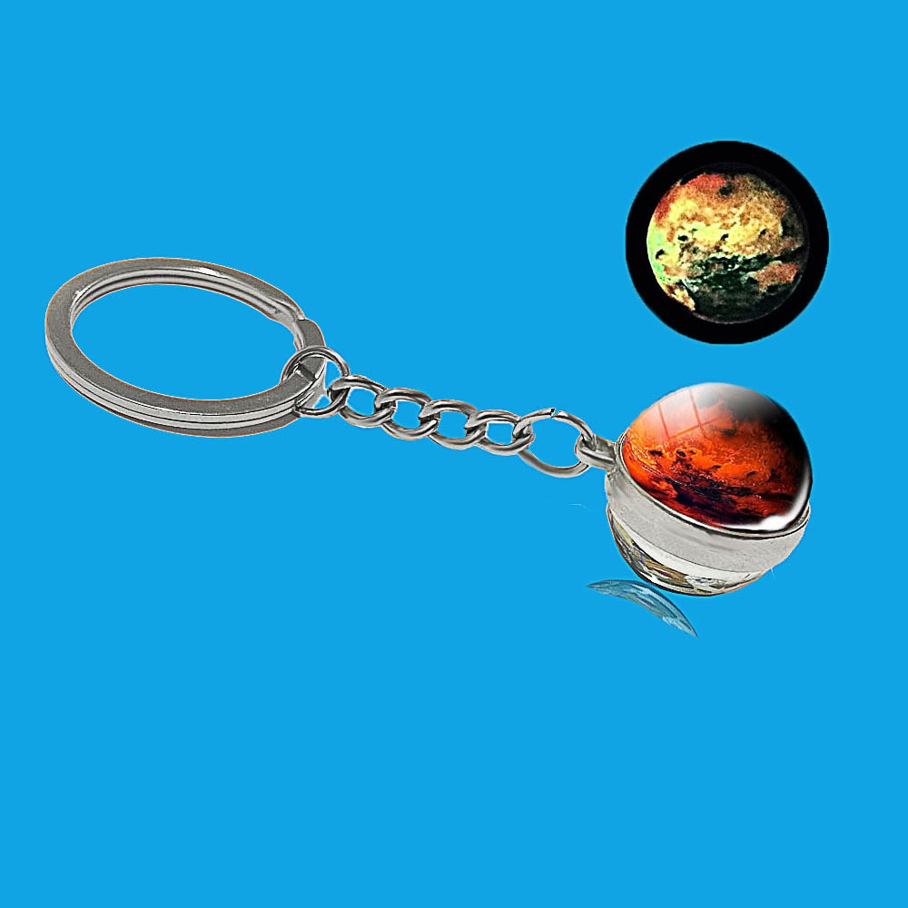 Glow In The Dark Solar System Galaxy Planet Keychain Jupter Moon Earth Mars Sun Nebula Double Side Glass Ball Key Chain Pendant
