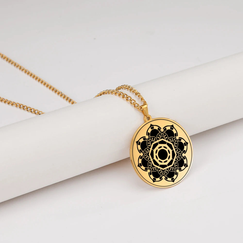LIKGREAT Lotus Flower Chakra Mandala Pendant Necklace Stainless Steel Women Men Buddhism Hinduism Meditation Spiritual Jewelry