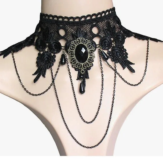 NEW Gothic Victorian Black Water Drop Pendant Lace Necklace Women Girl Tassel Steampunk Style Halloween Jewelry Earings for Girl - Charlie Dolly