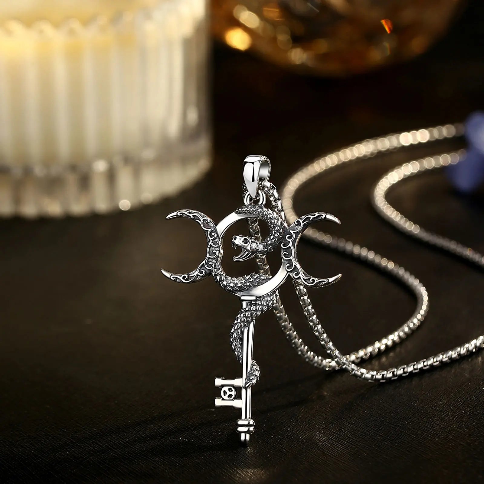 Eudora 925 Sterling Silver Hecate Triple Moon Goddess Necklace Snake Key Amulet Pendant Pagan Wicca Jewelry Gift for Women Men