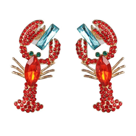 Red Rhinestone Lobster Ocean Dangle Earrings Jewelry