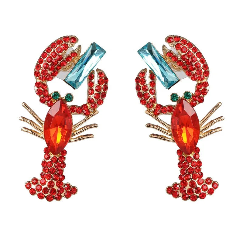 Beach Red Rhinestone Lobster Earrings Vacation Party for Women New in Boho Ocean Style Crystal Dangle Earrings Summer Jewelry