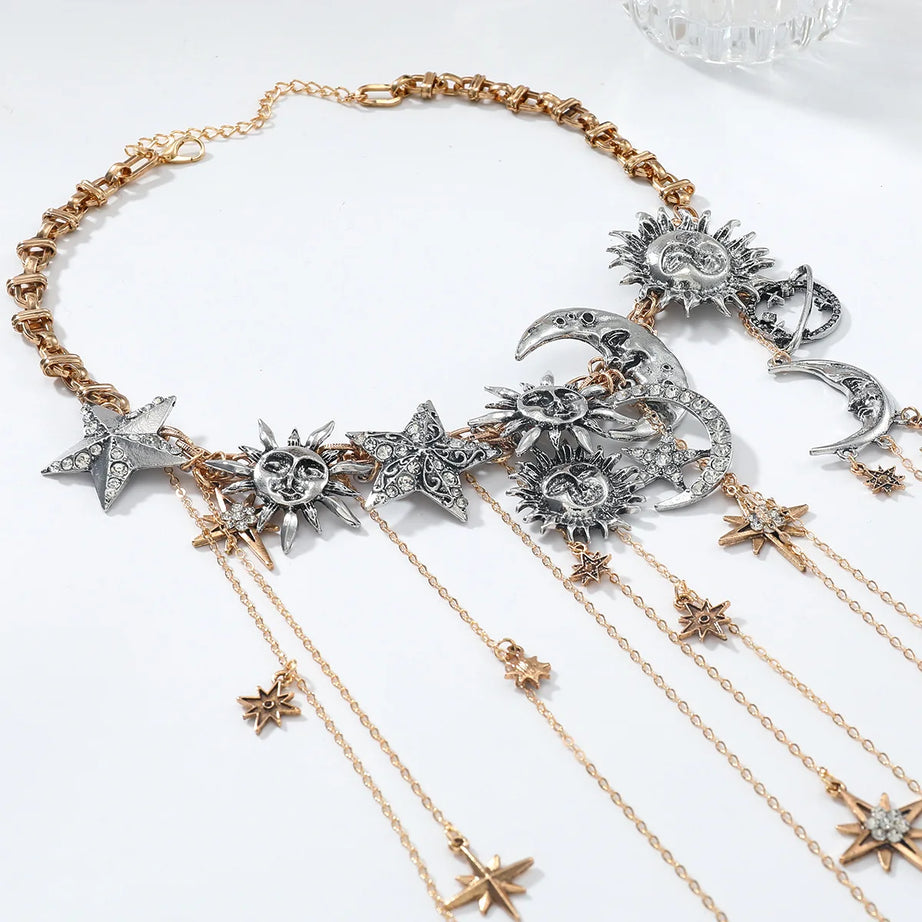 Moon, Star and Sun Exaggerated Tassel Boho Pendant Necklace