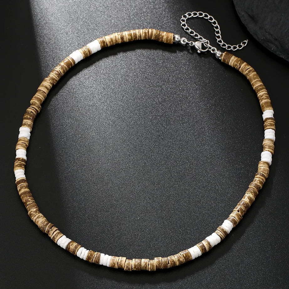 Coconut Shell, Turquoise and Wood Bead Boho Necklace for Men