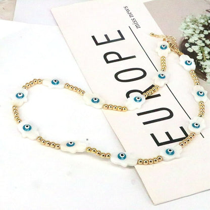 Vlen Boho Turkish Evil Eye Necklace Jewelry for Women Gold Color Beaded Choker Necklaces Natural Shell Lucky Hamsa Hand Collar