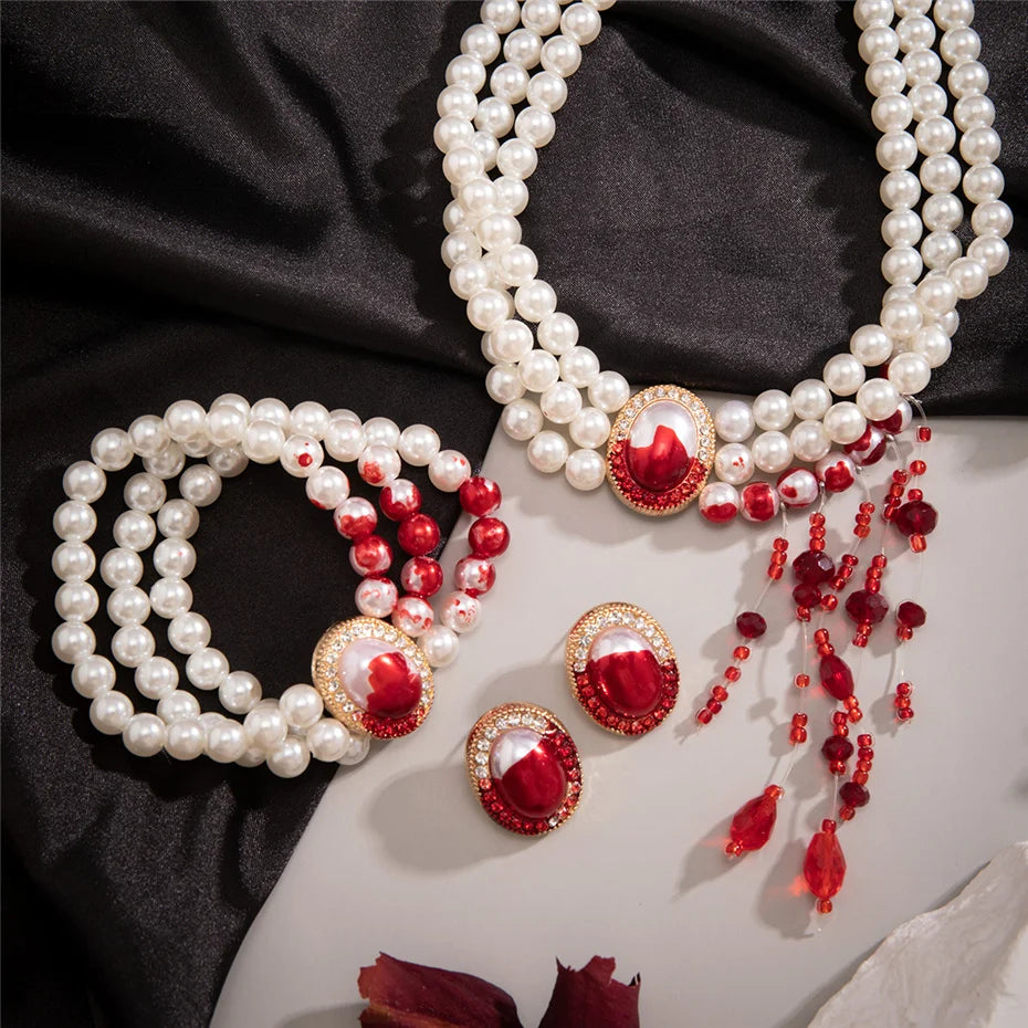 Goth Creative Red Blood Pattern Imitation Pearl Chain Necklace for Women Punk Long Tassel Beads Pendant Halloween Wed Jewelry - Charlie Dolly