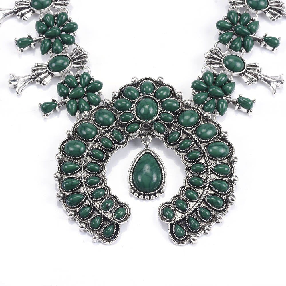 Western Jewelry American Tribal Big Chunky Bold Statement Accessories Femme Squash Blossom Turquoise Necklace for Women