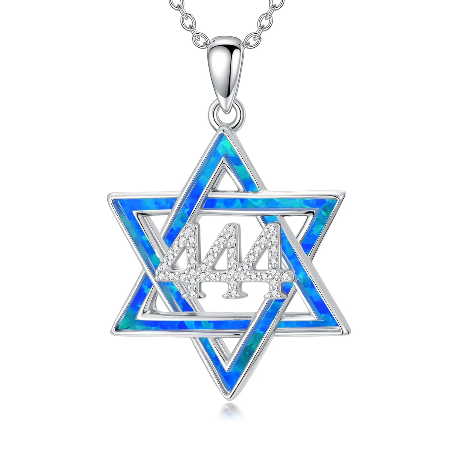 444 Angel Number Star of David Pendant Spiritual Protection Jewelry,Blue Opal Inlay,Cubic Zirconia,Men & Women’s Faith Necklace