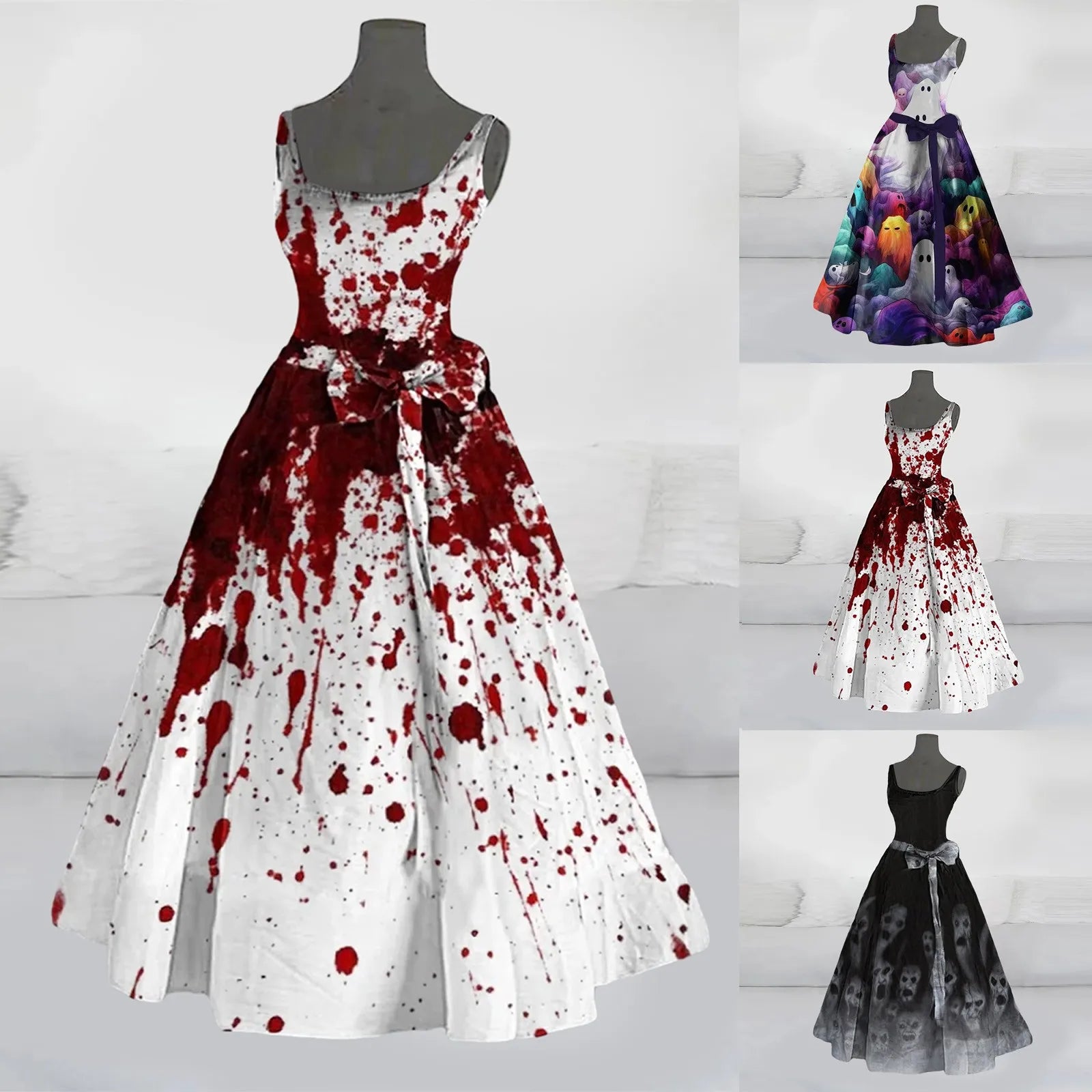 Halloween Scary Costumes Prom Dress For Women Bloody Print Flared Puffy Sleeveless Tunic Cocktail Dress Wedding Guest Dresses - Charlie Dolly
