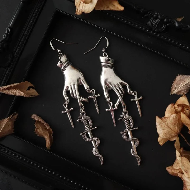 Gothic Hand Sword Snake Dangle Earrings, Snake Sword Dangle Earrings, Gothic, Vikings, Witchy, Medieval, Viking, Boho