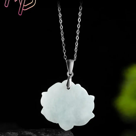 Myanmar Burmese Jadeite Lotus Boho Amulet Necklace, Real Jade Talisman