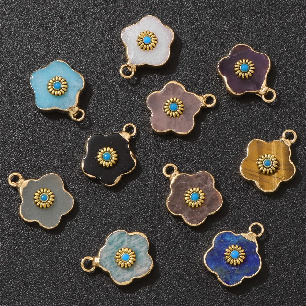 2pcs Natural Stone Flower Charms Tiger Eye Lapis Lazuli Flower Pendant For Jewelry Making Necklace DIY Earrings Bracelet15x20mm