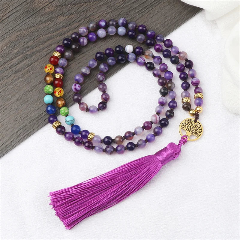 Purple Agate 7 Chakra Mala Necklace Jewelry