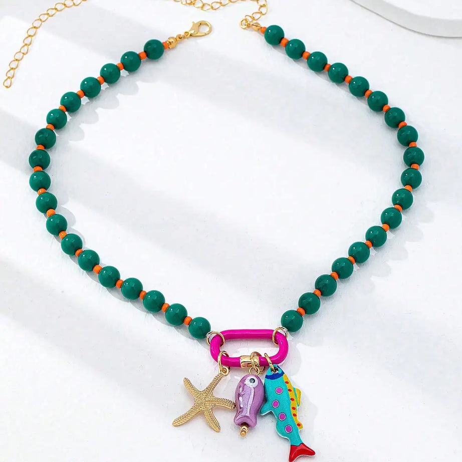 Fish Starfish Charm Resin Bead Layered Necklace Jewelry