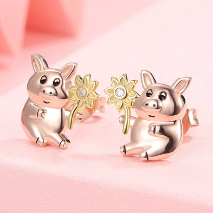 925 Sterling Silver Sunflower Pig Stud Earrings Fashion Cute Animal Jewelry Birthday Gifts For Women Daughter Girls Girlfriend
