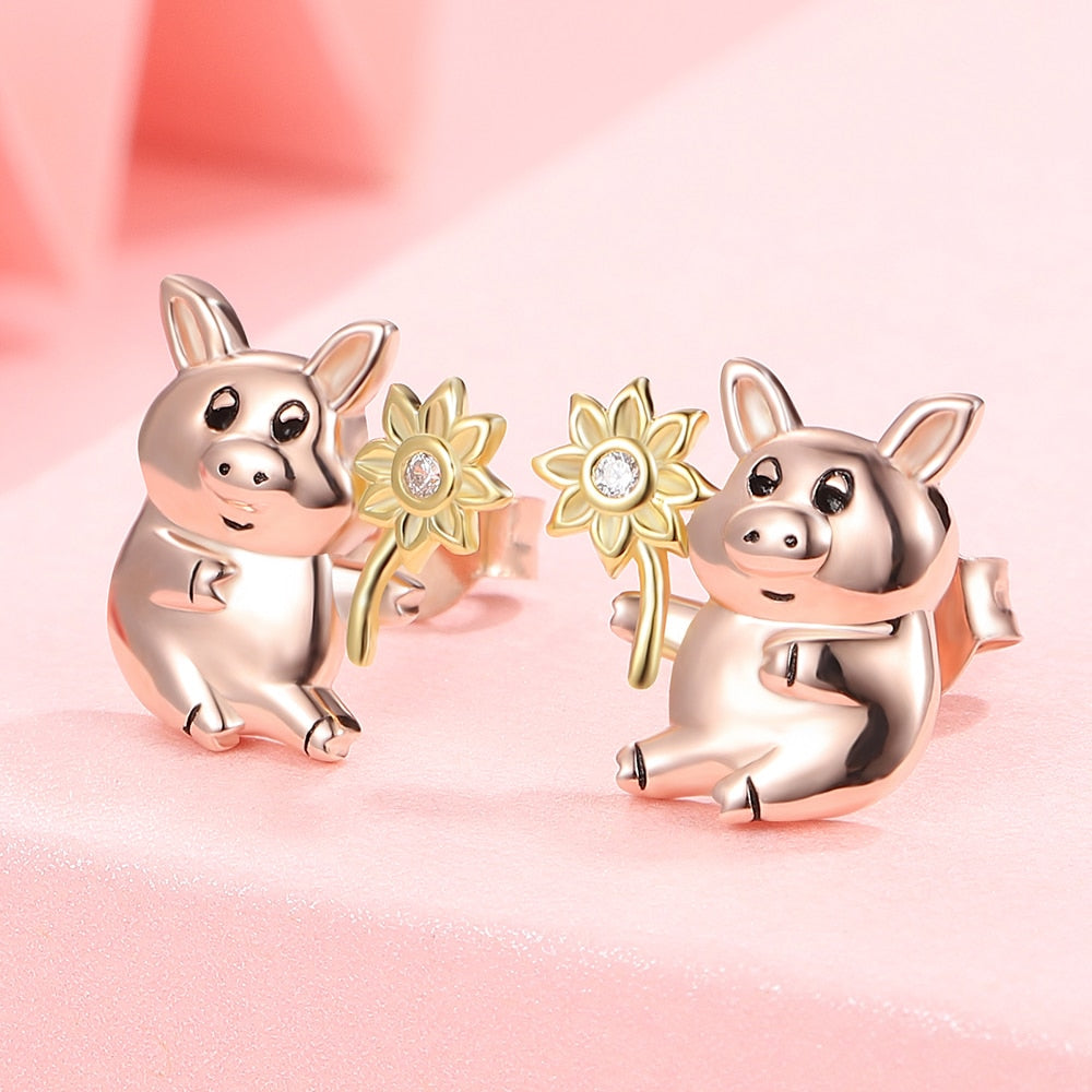 925 Sterling Silver Sunflower Pig Stud Earrings Fashion Cute Animal Jewelry Birthday Gifts For Women Daughter Girls Girlfriend - Charlie Dolly