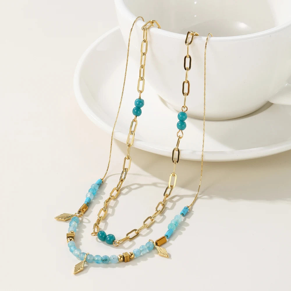 Blue Acrylic Bead Layered Charm Necklace Jewelry