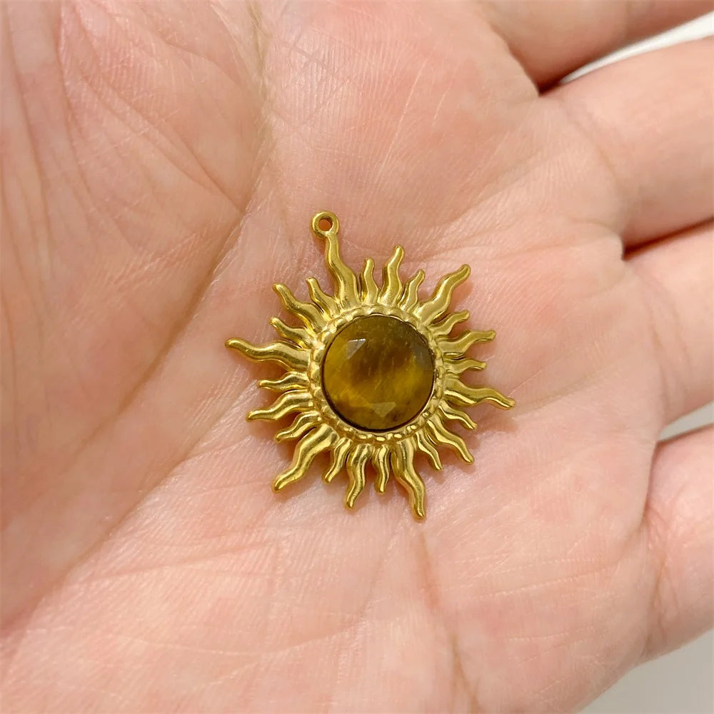 2pcs 25x30mm Gold Color Sun Shape Natural Stone Pendant Inlaid with Lapis Lazuli Gem Charm for Jewelry Making Necklace Earring