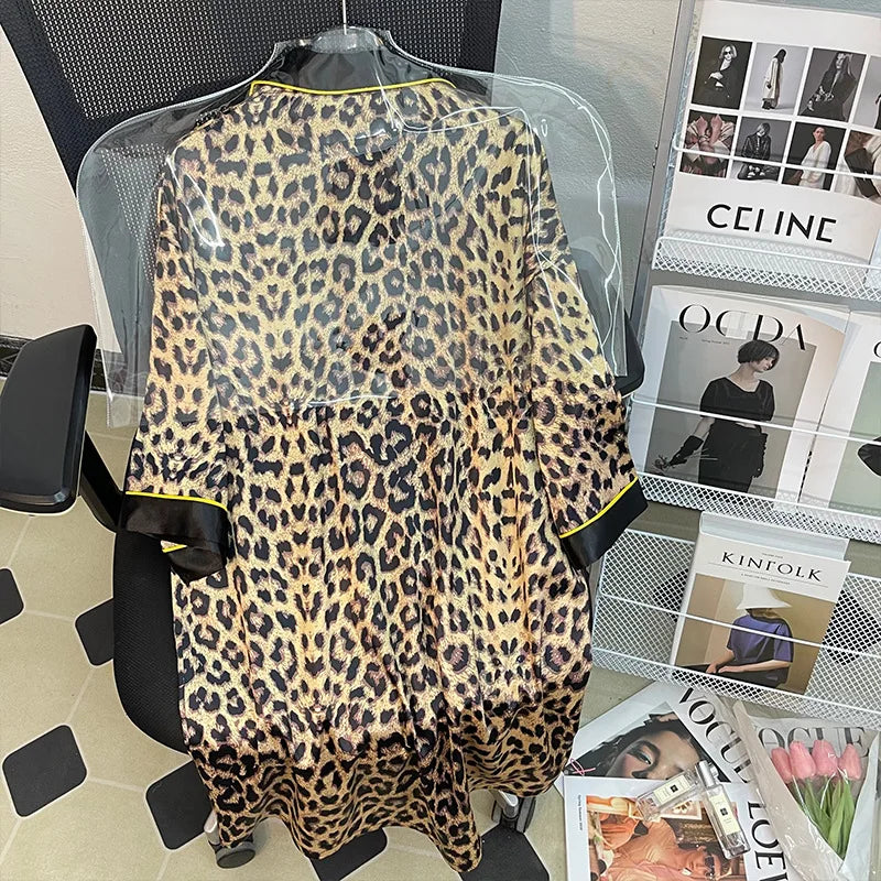 Women Sexy Leopard Print Nightgown Lapel Short Sleeve Satin Silk Cardigan Nightdress Hot Nighty Summer Nightgowns Mini Pajamas - Charlie Dolly