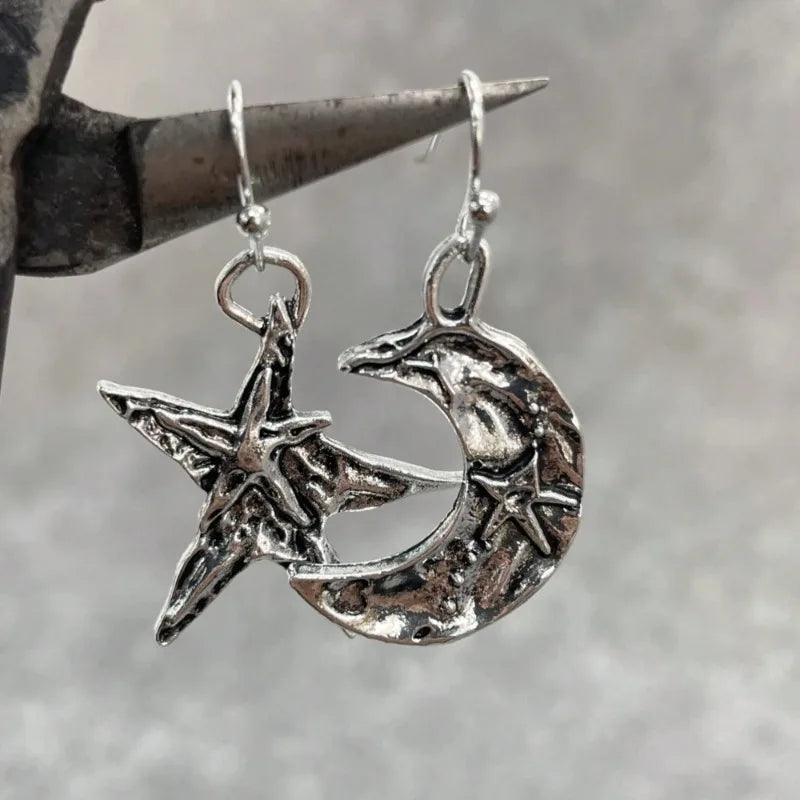 Retro Boho Moon And Star Silvery Dangle Earrings For Women Unique Daily Party Jewelry Birthday Anniversary Mother's Day Gift