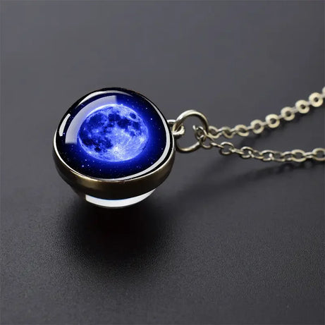 Double-Sided Galaxy Planet Glass Ball Pendant Necklace, Sun Moon Mars Cosmic Talisman