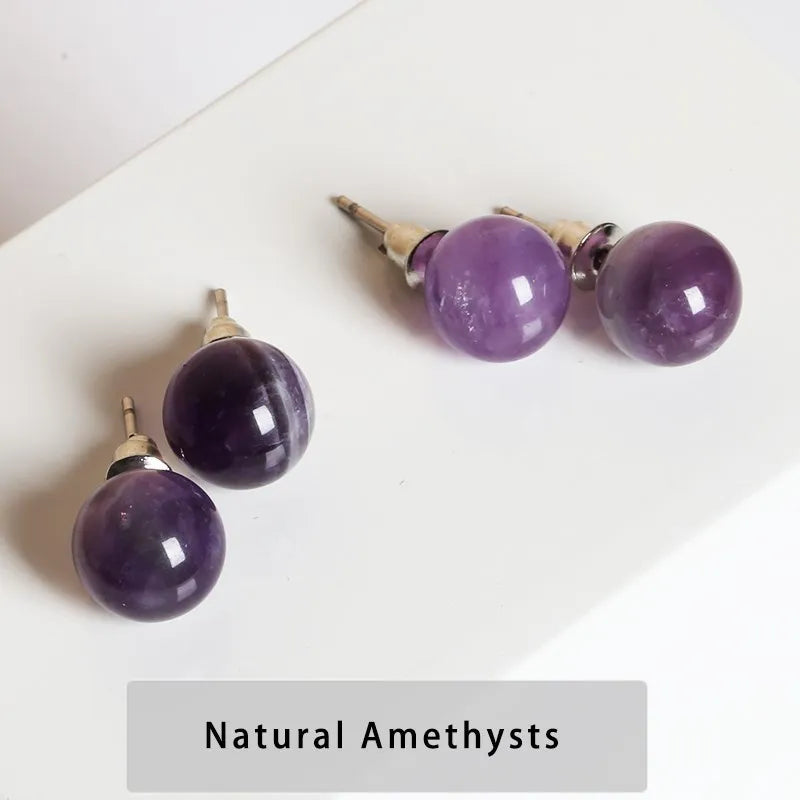 Natural Stone Agate Quartz Lapis Lazuli Tiger Eye Round Bead Stud Earrings Women Fashion Simple Stainless Steel Crystal Ear Stud