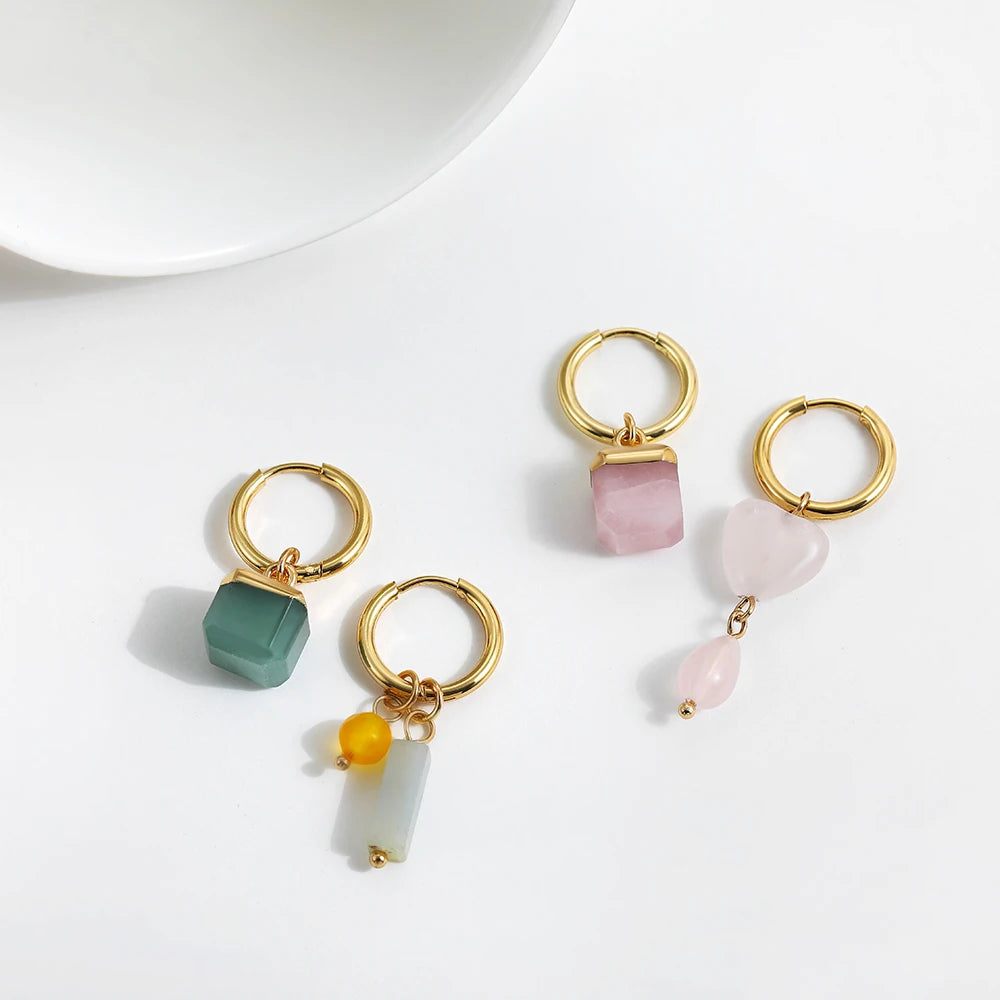 Vintage Natural Stone Agate Classic Drop Earrings Simple Crystal Rectangle Bead Asymmetric Earrings Bohemia Jewelry Female