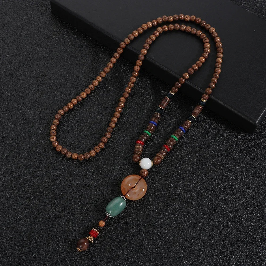 Nepal Wood Bead Mala Pendant Necklace Jewelry