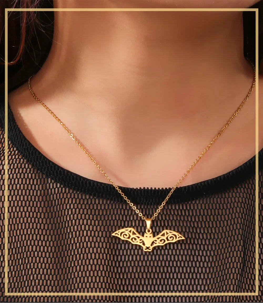 Skyrim Hollow Pattern Bat Stainless Steel Necklace for Women's Fashion Retro Punk Gothic Halloween Animal Hip Hop Jewelry Gift - Charlie Dolly