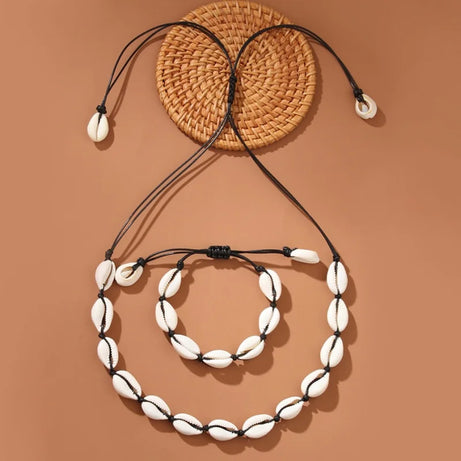 Handmade Braided Shell Necklace and Bracelet Boho Set