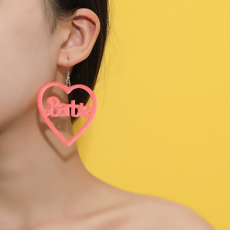 Fashion Barbie Earrings Kawaii Anime Pink Glitter Love Hollow Acrylic Earring Earring Girls Cartoon Jewelry Accessories Gift Toy