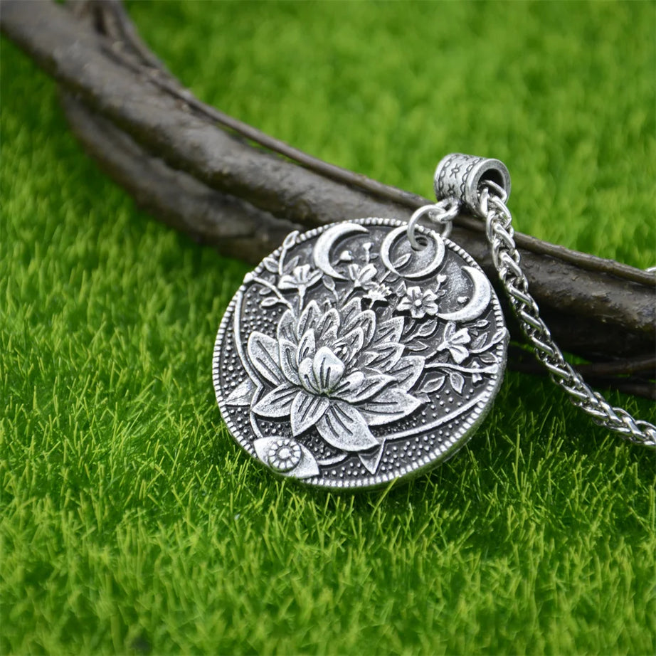 Wiccan Sun Moon Star Mandala Lotus Amulet Necklace, Sacred Witchy Talisman