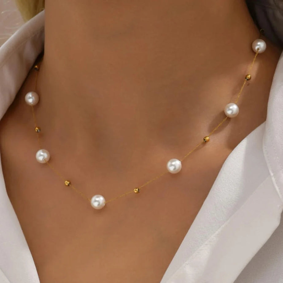 Waterproof Stainless Steel Pearl Chain Boho Choker