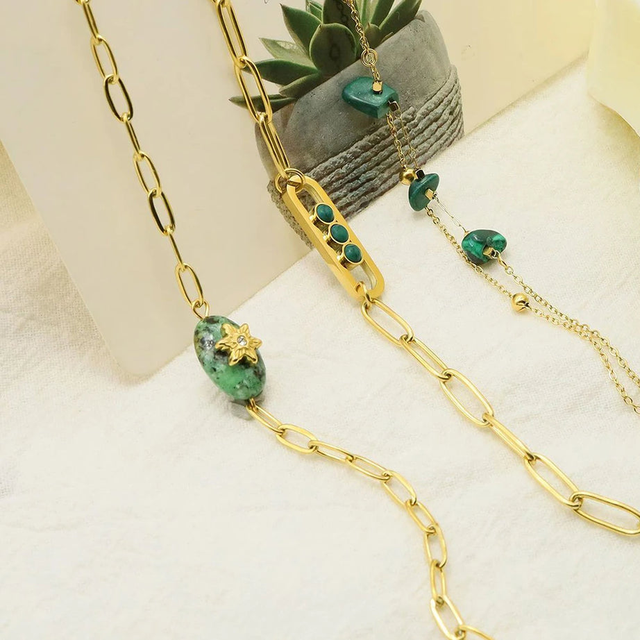 WILD & FREE Boho Vintage Green Natural Stone Bracelets for Women Stainless Steel Trendy Charms Aesthetic Jewelry Set - Charlie Dolly