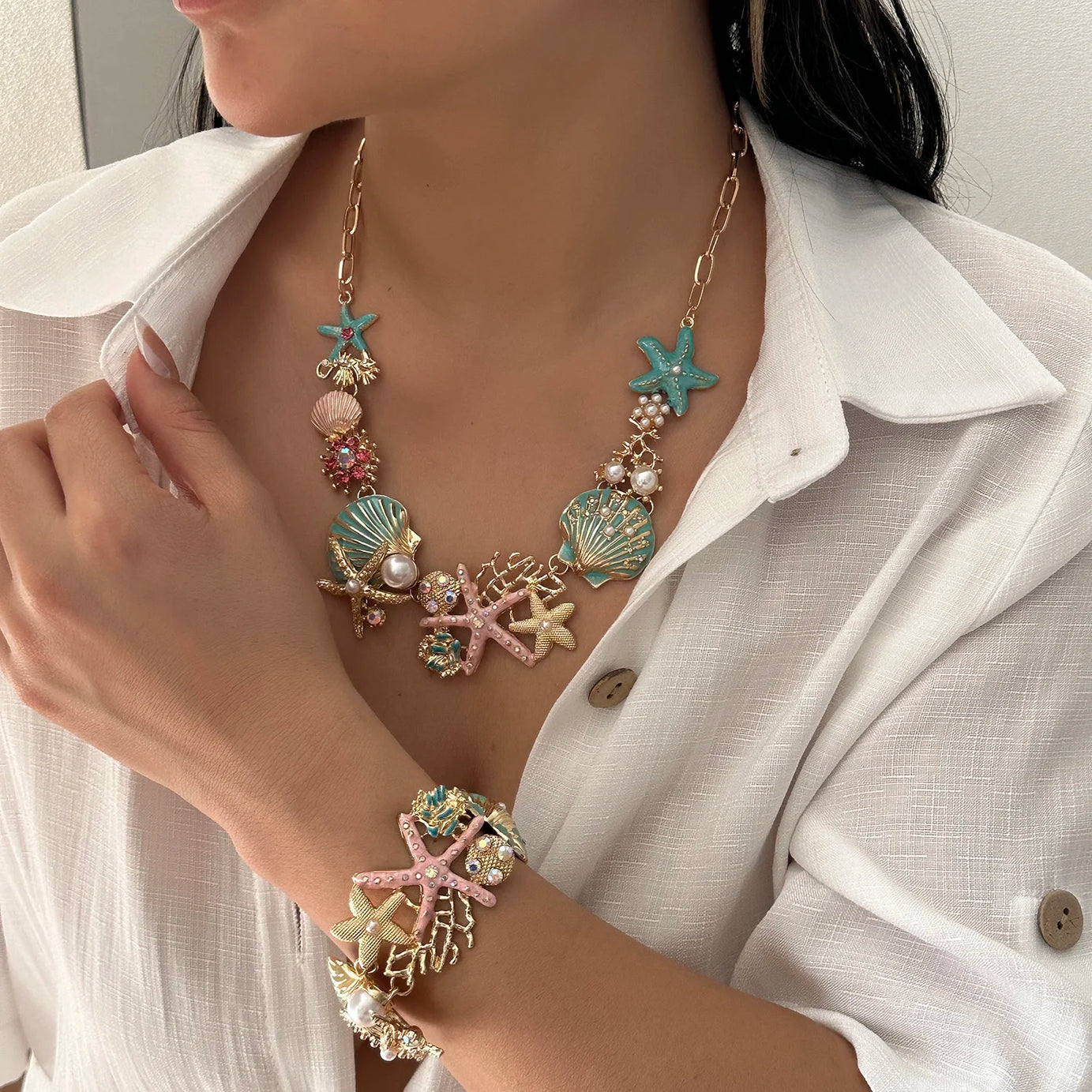 Starfish Shell and Coral Statement Necklace, Bracelet or Earring Set