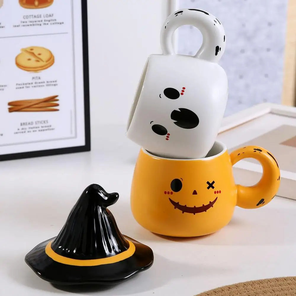 Halloween Ceramic Cup Ghost Mug Creative Cute Couple Mug Gift Afternoon Tea Breakfast Milk Cup Home Office Drinking cup With Lid - Charlie Dolly