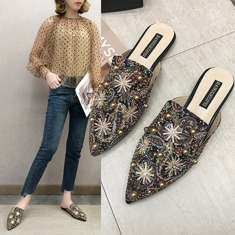 2021 Luxury Women Mules Ladies Summer Chinese Slippers Women Shoes 2021 New Low Heels Flat Casual Shoes Woman Flip Flops - Charlie Dolly