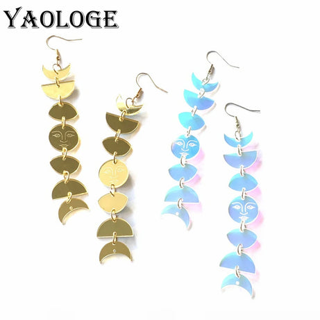 Acrylic Moon Phase Long Tassel Boho Earrings, Celestial Drop Talisman