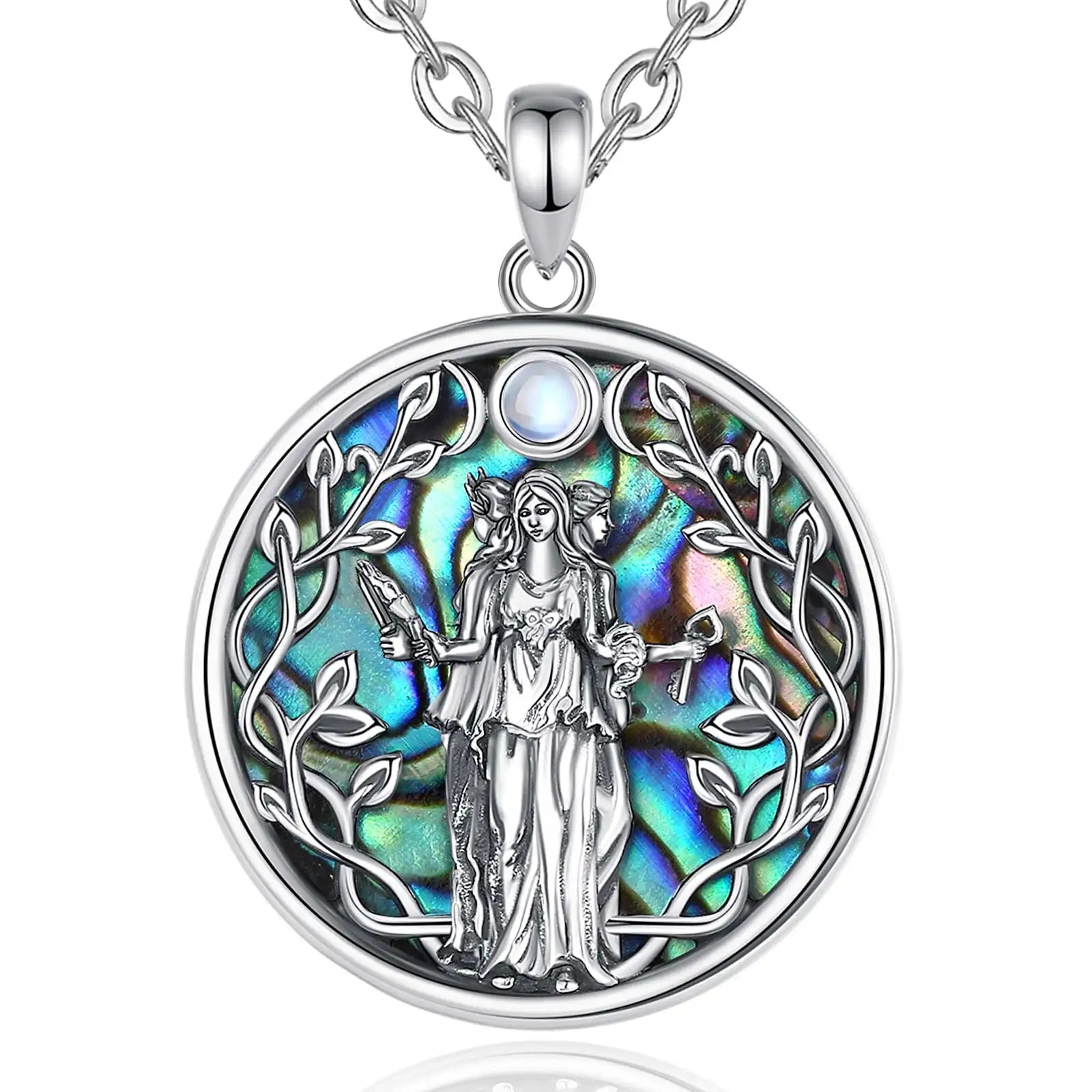 Eudora 925 Sterling Silver Triple Moon Goddess Necklace for Women Hecate Amulet Pendant Natural Abalone Jewelry Personality Gift