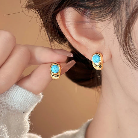 Natural Turquoise Curved Earrings, Gold Copper Casual Elegant Boho Jewelry