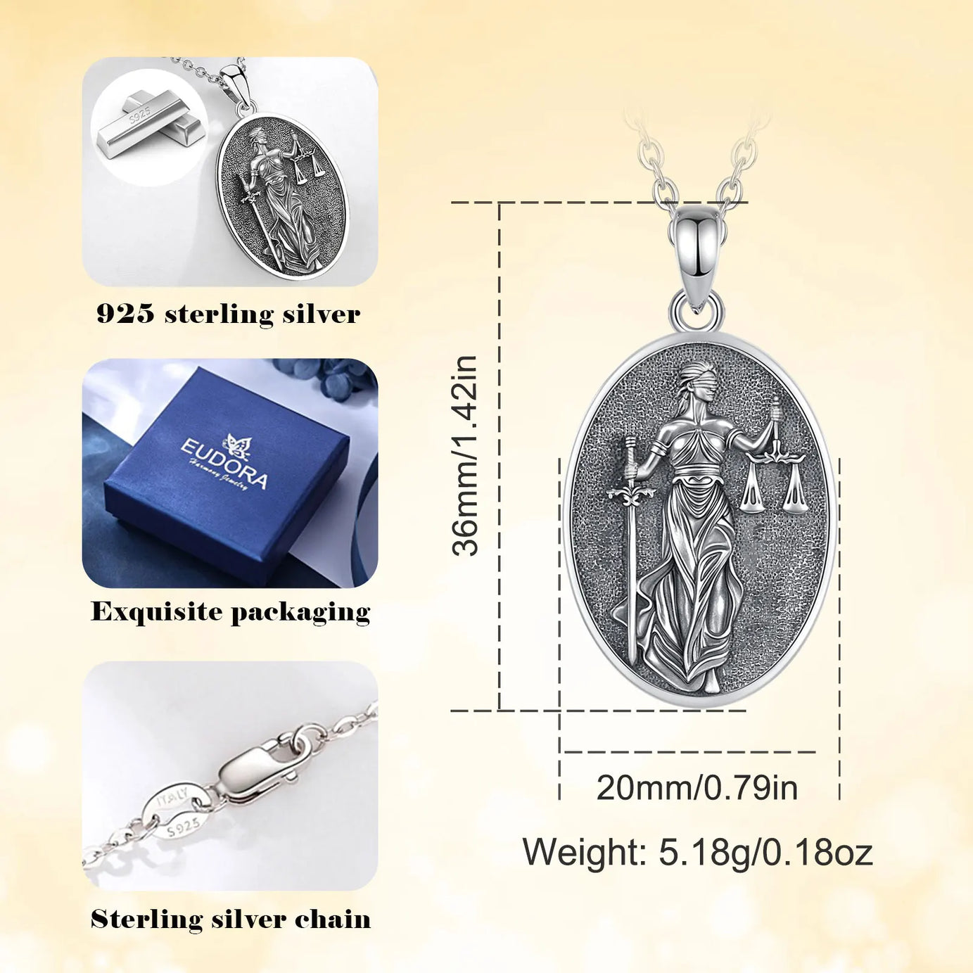 S925 Sterling Silver Themis Goddess of Justice Pendant Necklace, Sword & Scales Wicca Talisman