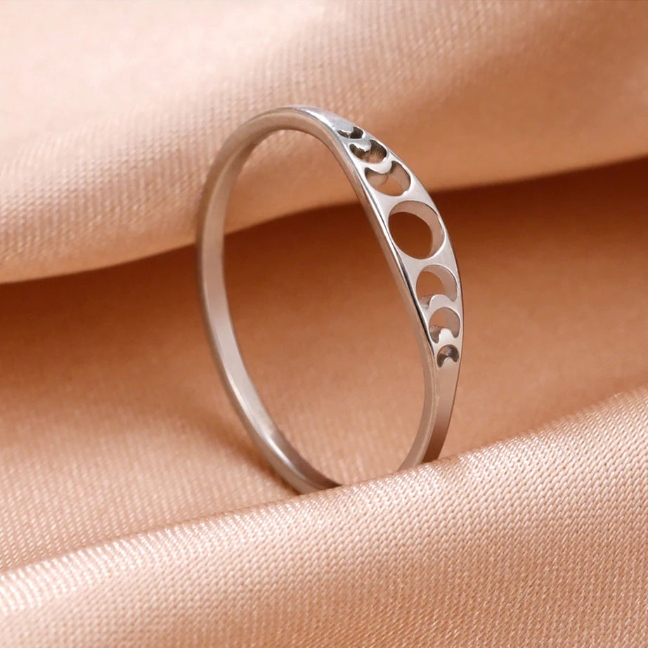 Moon Phase Couple Ring, Minimalist Stainless Steel Band Talisman