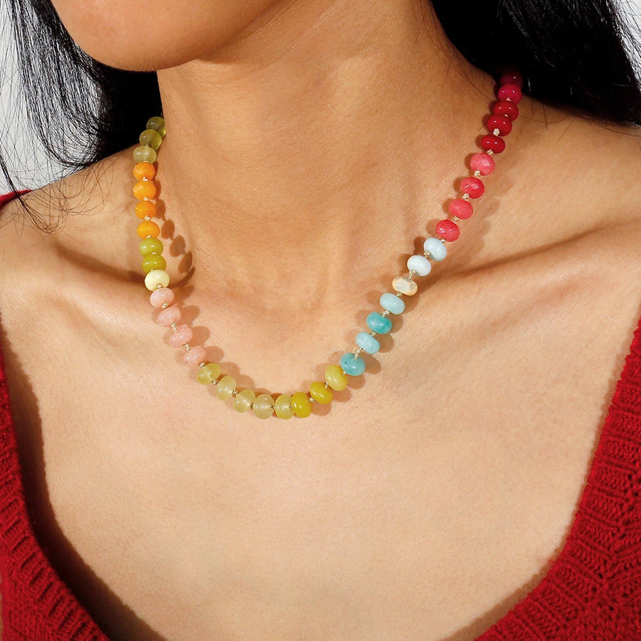 Badu Rainbow Gemstone Beaded Necklace Colorful Natural Stone Choker Necklace Summer Beach Vacation Women's Fashion Boho Jewelry - Charlie Dolly
