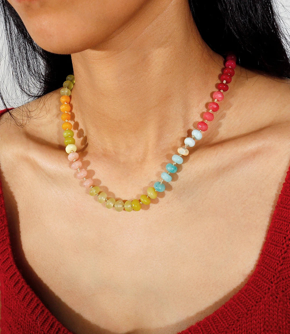 Badu Rainbow Gemstone Beaded Necklace Colorful Natural Stone Choker Necklace Summer Beach Vacation Women's Fashion Boho Jewelry