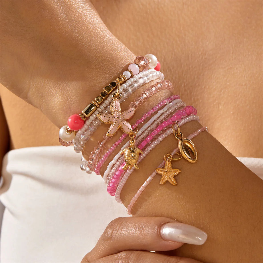 Sea Turtle and Starfish Layered Boho Bracelet Set