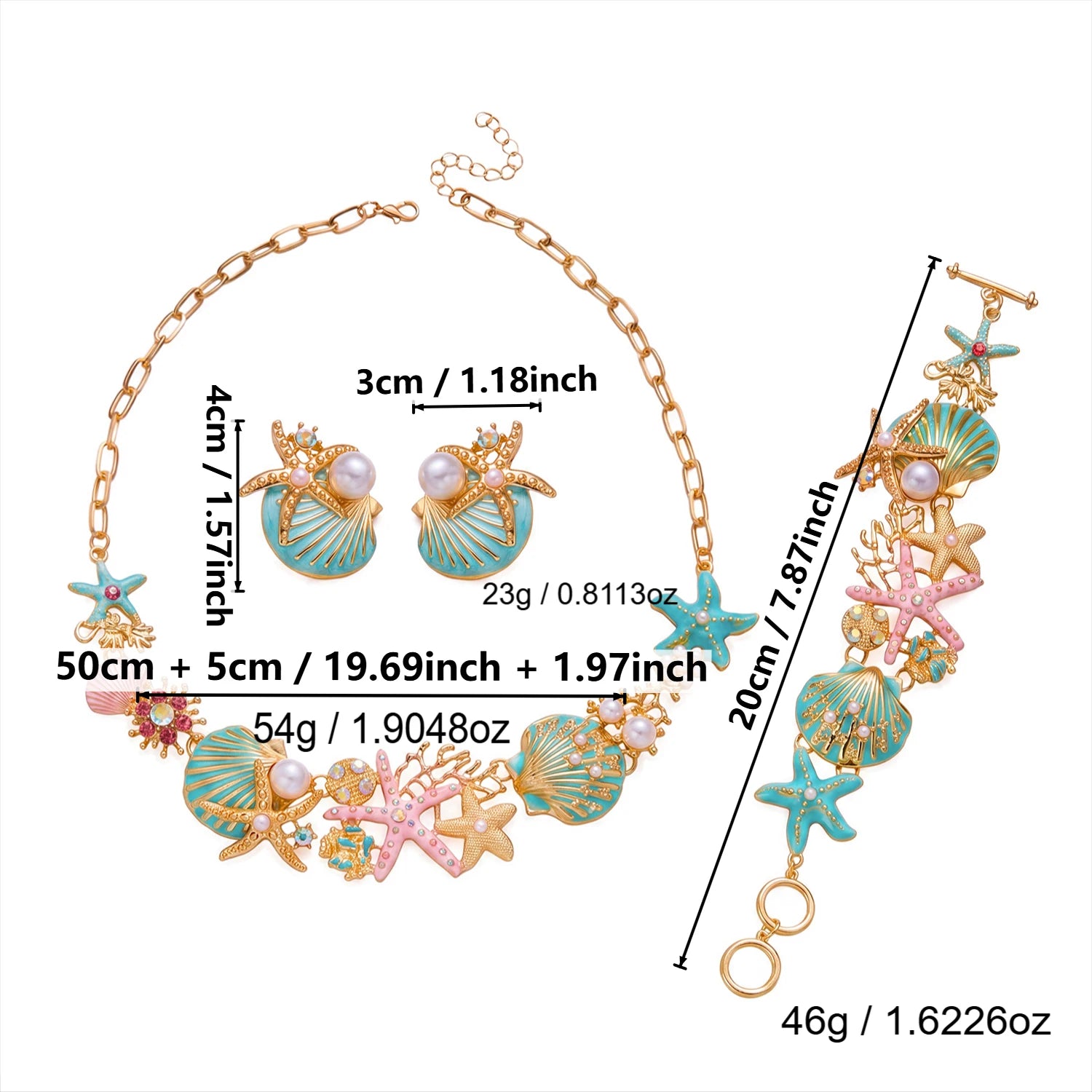 Exaggerated Metal Starfish Shell Pearl Necklace Earring for Women Boho Ocean Coral Scallop Pendant OT Clasp Bracelet Jewelry